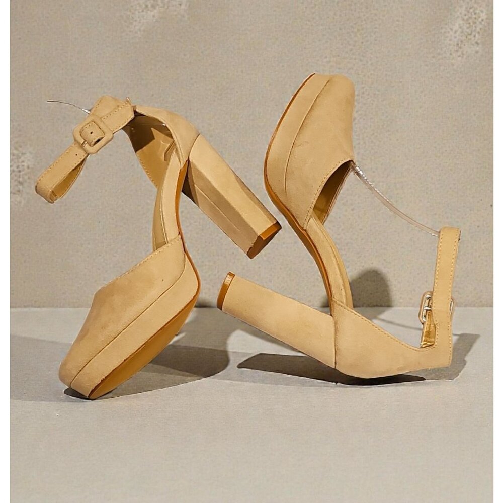 Nude Faux Suede Chunky Heel Platform Ankle Strap Pumps - Picture 3 of 9